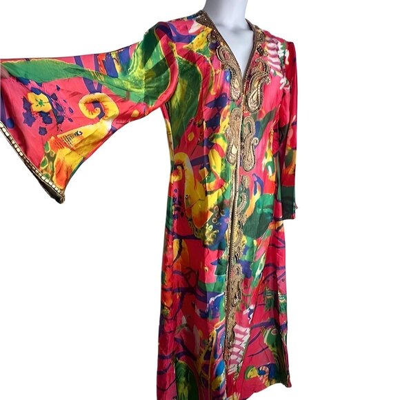 Vintage Hand Beaded Kaftan Dress With Vibrant Abstract Print 3/4 Sleeves Size M - Picture 3 of 14